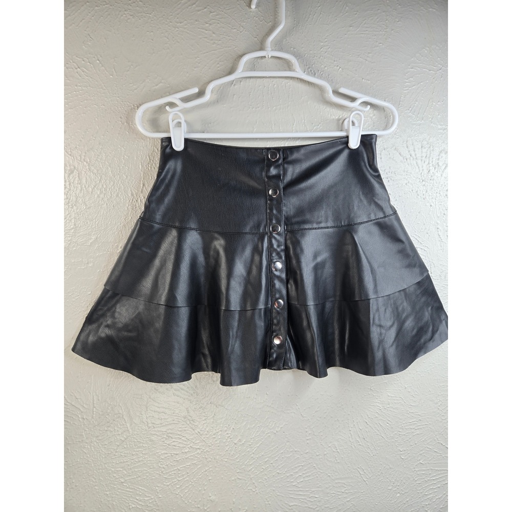 Edgy Mini Skater Skirt Sz Small Black Faux Leather Tiered Snap Front Goth Grunge